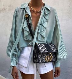 Chiffon Blouse Pleated Sleeves Blouse, Women Ruffle Blouse, Bow Tie Blouse, Vert Turquoise, Tie For Women, Pleated Sleeves, Chic Type, Elegante Casual, Pleated Blouse