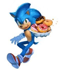 sonic the hedgehog holding a plate with donuts and doughnuts on it