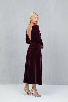 Purple Velvet Dress Bridesmaids Party Dress A Line Low Back - Etsy Bosnia and Herzegovina Velvet Dress Maxi, Long Sleeve Backless Dress, Purple Velvet Dress, Burgundy Velvet Dress, Fall Bridesmaid Dresses, Velvet Dress Long, Velvet Bridesmaid Dresses, Low Back Dresses, Maid Of Honour Dresses