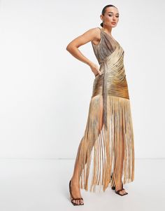 Gold Floor-length Midi Dress For Parties, Gold Floor-length Maxi Dress For Cocktail, Glamorous Gold Dress With Fringe, Gold Fringe Dress For Party Season, Glamorous Gold Fringe Dress, Evening Fringe Maxi Dress, Gold Fringe Dress For Cocktail, Evening Fringe Floor-length Maxi Dress, Chic Fringed Floor-length Dress