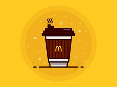 a coffee cup with a hot drink in it on a yellow background that says mcdonald's