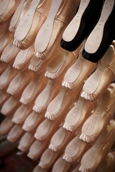 many pairs of ballet shoes are lined up