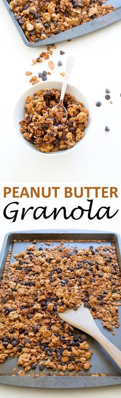 two pans filled with granola sitting on top of a table next to each other