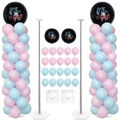 the balloon arch is decorated with pastel blue, pink and white balloons