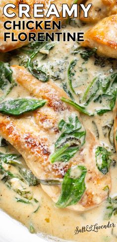 closeup of chicken in a pan with text overlay that reads creamy chicken florentine Cooking Wine Recipes, Creamy Chicken Florentine, Chicken Florentine Pasta, Chicken Florentine Recipe, Florentine Recipe, Wine Cream Sauce, White Wine Recipes, White Wine Cream Sauce, Garlic Chicken Pasta