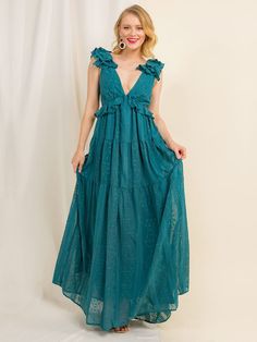 Ruffle Embroidered Chiffon Maxi Dress - Audrea | New York & Company Green Chiffon Dress With Ruffles For Garden Party, Dressy Chiffon Dresses With Ruffles, Chic Maxi Chiffon Dress With Ruffles, Chic Maxi Length Chiffon Dress With Ruffles, Green Chiffon Maxi Dress For Date Night, Green Chiffon Casual Maxi Dress, Chic Green Chiffon Dress With Ruffles, Casual Chiffon Dress With Ruffles For Party, Casual Chiffon Party Dress With Ruffles