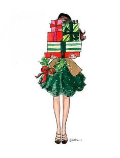 a drawing of a woman carrying presents on her back