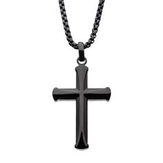 Men's Stainless Steel Black Plated Apostle Cross Pendant Black Polished Cross Jewelry, Black Stainless Steel Crucifix Necklace, Black Cross Necklace With Box Chain, Cross Pendant Men, Steel Cross, Black Cross, Pendant With Chain, Black Plates, Cross Design