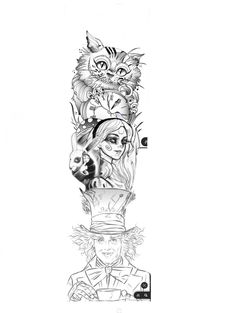 a drawing of some people and cats on top of each other