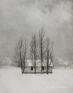 an old house with trees in the snow