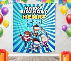 a birthday banner with cartoon characters on it