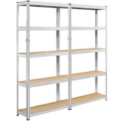 a metal shelving unit with three shelves and two wooden shelves on each side,