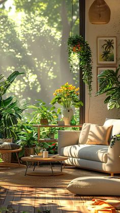 a living room filled with lots of green plants