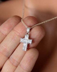 This is a beautiful and simple Crystal Cross necklace made in Sterling Silver with sparkling Cubic Zirconia Crystals.  Cross pendant is sterling silver, measures 16x12mm with clear inset crystals.  Necklace chain is Sterling Silver with spring clasp closure in back.  This necklace may be ordered on a 16", 18", 20" or 22" chain. Comes nicely boxed, the perfect gift!Also comes in similar Gold Filled version, see last two pictures.Necklace will ship in 3-5 business days.Please message me if you hav Sterling Silver Rhinestone Jewelry Gift, Sterling Silver Cross Jewelry With Rhinestones, Sparkling Clear Jewelry For Gifts, Sparkling Clear Jewelry Gift, 14kt Gold Jewelry, Custom Necklaces, Cross Necklace Women, Clean Sterling Silver, Crystals Necklace