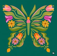 a colorful butterfly with flowers and leaves on it's wings, painted in bright colors