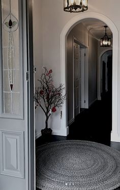 an entry way with a rug on the floor and a vase in front of it