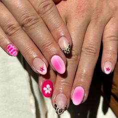 These nails feature a vibrant summer design with a mix of pink gradients, leopard print accents, and playful floral embellishments. The bright pink hues and fun patterns evoke the lively spirit of summer.  🌸Click on the image to shop our trending Korean Gel Polish this season.  🌸Credit: nailsby.asp on Instagram 🌸summer nails, pink nails, leopard print nails, floral nail art, Korean gel polish, trendy nails, summer manicure, vibrant nails, nail art, summer nail trends, bright nails, gradient nails, nail polish, summer beauty, nail fashion, summer nail art, colorful nails, gel nails, nail designs, trendy summer nails Leopard Print Summer Nails, Fun Summer Nails 2024, Leopard Print Nails Pink, Almond Shape Nail Ideas, Pink Design Nails, Fun Birthday Nails, Nail Art Korean, Korean Gel Polish, Nails Leopard Print