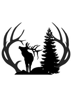 the silhouette of a deer standing in front of a tree with antlers on it