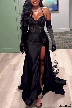 Olivia Mark - Stunning Sequined Formal Long Dresses with Sleeve Detail Black Dress Classy Elegant Long, Long Dresses With Sleeves, Fancy Dinner Dress, Black Dinner Dress, Classy Attire, Bday Dress, Chic Wedding Gown, 20th Bday, Dress With Gloves