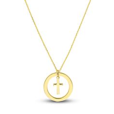 A bold statement of faith, a meaningful cross hangs from an open circle in this stunning women's pendant necklace. Fashioned in 14K yellow gold, the 16-inch cable chain secures in place with a lobster clasp. Statement Of Faith, Jared The Galleria Of Jewelry, Womens Earrings Studs, A Circle, Yellow Diamond, 1 Carat, Cable Chain, Diamond White, Lobster Clasp