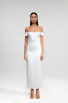 Off-the-shoulder draped satin long midi dress white 1M020 – look stylish and feel comfortable. Shop now at Rasario and get free shipping White Fitted Elastane Maxi Dress, White Fitted Maxi Dress With Straight Neckline, White Fitted Dress, Long Midi, Velvet Maxi Dress, Draped Skirt, Long Midi Dress, Satin Midi Dress, White Midi Dress