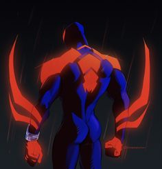 an animated man standing in the rain with his hands on his hips and arms behind him