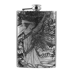 a black and white flask with an image of a woman holding a bird on it