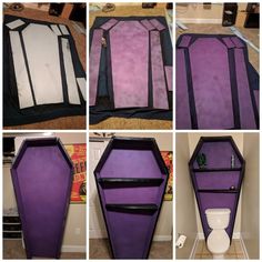 several pictures of the inside of a purple and black cabinet