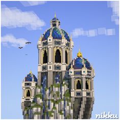 an image of a building made out of legos with birds flying in the background