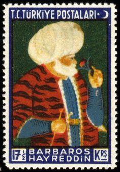 a stamp with an image of a man wearing a red and blue outfit, holding a bird