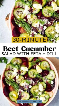 a bowl filled with beet cucumber salad and topped with feta cheese