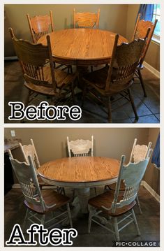 before and after photos of a dining room table with chairs in the same color scheme