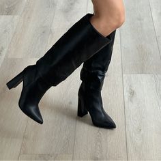 Dsw Fold Over Boots In Black Faux Leather. Brand New, Never Worn. Chic Faux Leather Knee-high Boots With Closed Toe, Chic Closed Toe Knee-high Boots For Winter, Black Faux Leather Knee-high Boots With Almond Toe, Tall Pointed Toe Synthetic Heeled Boots, Tall Synthetic Heeled Boots With Pointed Toe, Black Faux Leather Heeled Boots For Office, Medium Width Synthetic Knee-high Boots For Work, Black Synthetic Almond Toe Heeled Boots, Sleek Black Knee-high Boots Medium Width