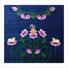 an artistic painting with pink flowers on blue background