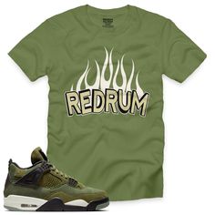 "This Olive 4 Redrum V17 Tee is essential for any urban streetwear enthusiast. Show off your style in this premium 100% cotton tee, featuring a classic fit and green/black/natural short-sleeve design. Inspired by the SE craft \"OLIVE\" 4s 2023. Get your true-to-size Redrum Nation tee today.   (Sneakers not included)." Green Family Matching T-shirt With Graphic Print, Cheap Green T-shirt With Custom Print, Green Concert T-shirt With Screen Print, Green Branded T-shirt For Streetwear, Jordan 4 Craft, Green Branding T-shirt For Streetwear, Green Band Merch T-shirt For Streetwear, Green Cotton T-shirt For Streetwear, Urban Green T-shirt For Streetwear