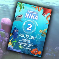 an image of finding nemo birthday party poster on the ocean floor with fish and sea creatures