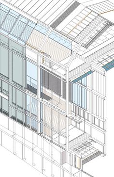 an architectural drawing of a building with glass walls and balconies on the second floor