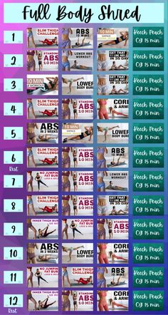 the full body shred workout plan is shown in blue and purple colors, with instructions for