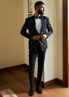 Monogram Tuxedo Set Luxury Blue Sets For Groom, Luxury Blue Suits For Festive Season, Luxury Blue Suits For Festive Occasions, Designer Blue Suits For Party, Designer Blue Party Suits, Designer Blue Formal Sets, Luxury Blue Tuxedo With Notch Lapel, Luxury Notch Lapel Tuxedo For Groom, Festive Classic Tuxedo For Party