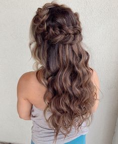 Curly Long Hair with Half-Up Crown Braid Braid Crown Hairstyles Half Up, Braid Crown Half Up Half Down, Crown Braid Half Up Half Down, Crown Hairstyles Braided, Hair Crown Braid, Half Crown Braid, Hair For Moms, Twisty Hairstyles, Braided Halo