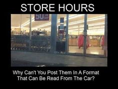 a store front with the words why can't you post them in a format that can be read from the car?