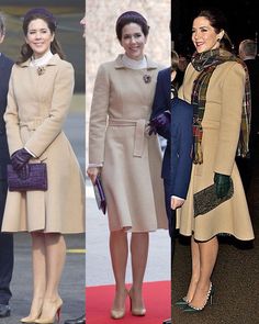 four different pictures of people in coats and hats, one is wearing a coat while the other has a handbag