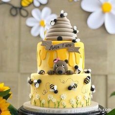 there is a cake that has bees on it