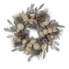 a christmas wreath with silver and gold decorations