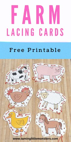 farm lacing cards with the words free printable on them and an image of farm animals