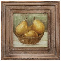 a painting of pears in a basket on a table