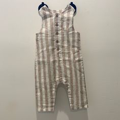 55% Linen, 45% Cotton Crew Neck, Top Stitched, Sleeveless Wooden Button(S), Placket, Stripe Print Brand New With Tags Never Worn Sleeveless White Cotton Overalls, Casual Sleeveless Beige Overalls, Beige Sleeveless Casual Overalls, Fitted Sleeveless Jumpsuits And Rompers For Playwear, Sleeveless Cotton Overalls With Button Closure, Sleeveless Cotton Jumpsuit With Buttons, Cotton Sleeveless Jumpsuits And Rompers For Playwear, Sleeveless Cotton Jumpsuits And Rompers For Playwear, Sleeveless Jumpsuits And Rompers With Button Closure For Beach