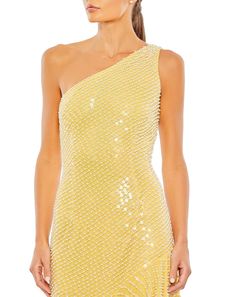 Mac Duggal Sheer Hand-embellished Mesh Overlay Fabric; 100% polyester lining Fully lined through body Asymmetrical one-shoulder neckline Sleeveless All-over pearl and sequin embellishments Asymmetrical hemline Concealed back zipper Approx. 56.5" from top of shoulder to bottom hem Available in Yellow and Seafoam (light blue) Style #93741 Black Tie Gowns, Mac Duggal Prom, Designer Formal Dresses, Gorgeous Prom Dresses, Maid Of Honour Dresses, Sequin Formal Dress, Asymmetrical Hem Dress, Prom Long, Fishtail Dress