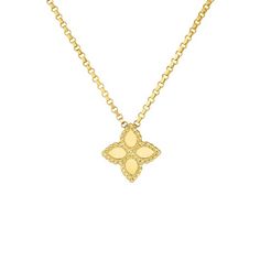 The polished gold petals in this Roberto Coin Princess Flower necklace are framed with rope detailing. The Princess Flower collection is part of the creative bouquet of the Princess collection and has the same distinguishing twisted wire workmanship with alternating smooth and rough surfaces that evokes the characteristics of various essences.
The Roberto Coin brand was born in 1996. Its founder, with whom it shares its name, driven by the innate love for the world of art and fashion, followed a Elegant Gold Flower Pendant Necklace, Exquisite Yellow Gold Flower Shaped Necklace, Elegant Yellow Gold Flower Shaped Jewelry, Elegant Gold-plated Flower Pendant Necklace, Fine Jewelry Yellow Gold Flower Shape Necklace, Luxury Clavicle Chain Necklace With Flower Pendant, Elegant Gold Flower Necklace With Clavicle Chain, Elegant Gold Plated Pendant Flower Necklace, Elegant Yellow Gold Jewelry With Flower Charm