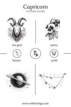 the capricorn tattoo guide is shown in this black and white photo, with different symbols